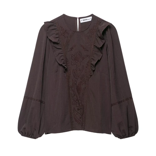 Imagen 2 del producto Camisa holgada de manga larga con cuello redondo y bordado de flores para mujer, estilo europeo y americano, otoño 2025, nuevo