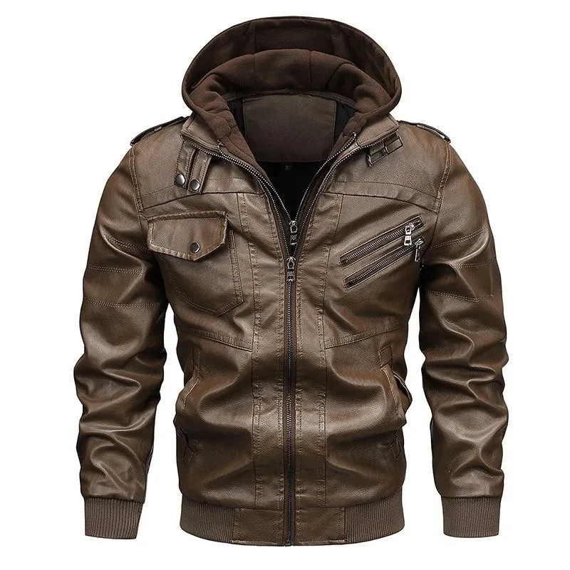 

Car Leather Jacket Men's Short Knitted Hooded Casual Business Retro PU Leather