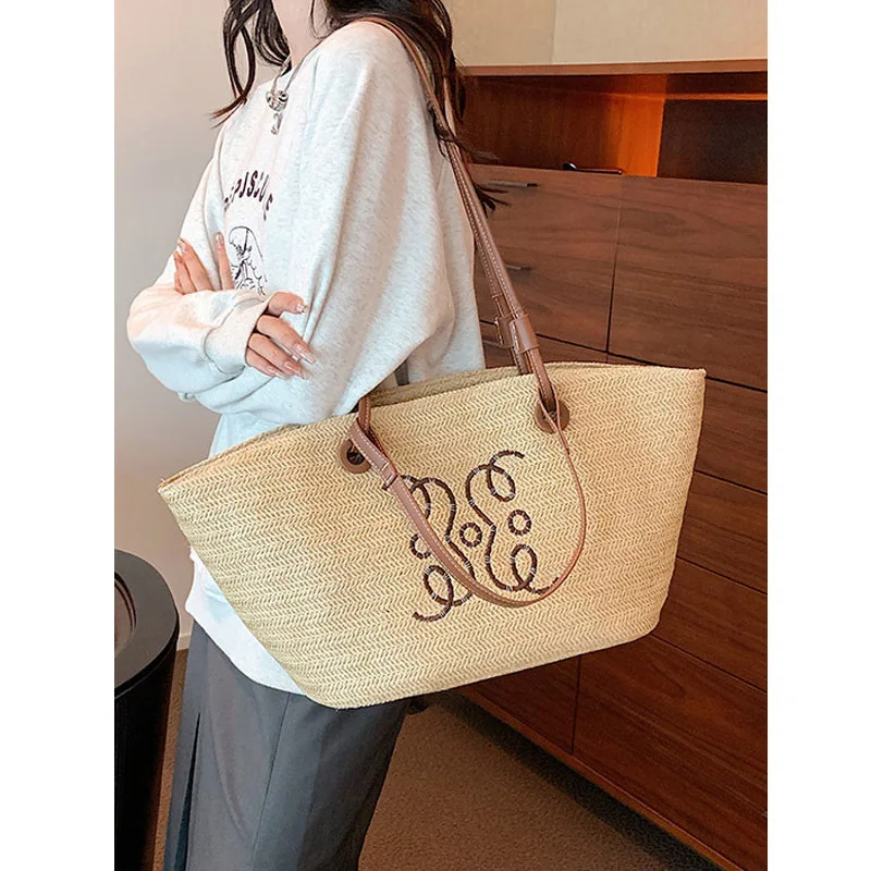 Handheld Straw Woven Bag, Woven Bag for Women, Large Capacity Summer Vacation Travel Bucket Bag, Commuting Tote Bag, Shopper Bag