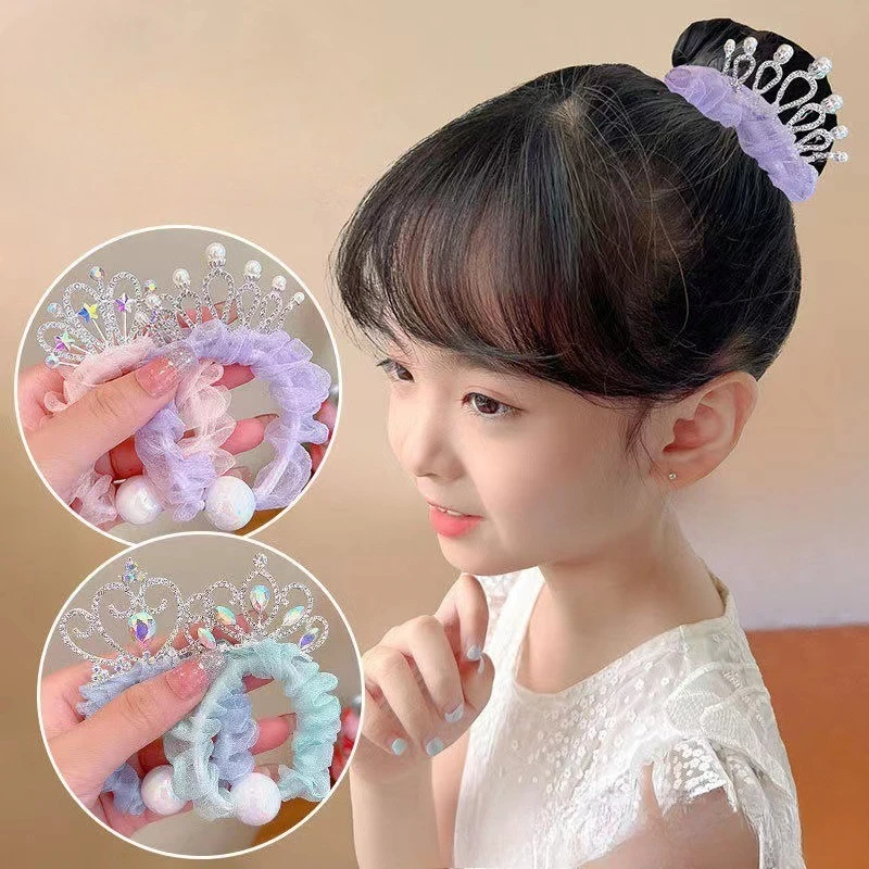 

Children Crown Hairbands Little Girls Princess Head Rubber Bands Glitter Shiny Pearl Hair Ropes Baby Girls Sweet Cute Hair Ties