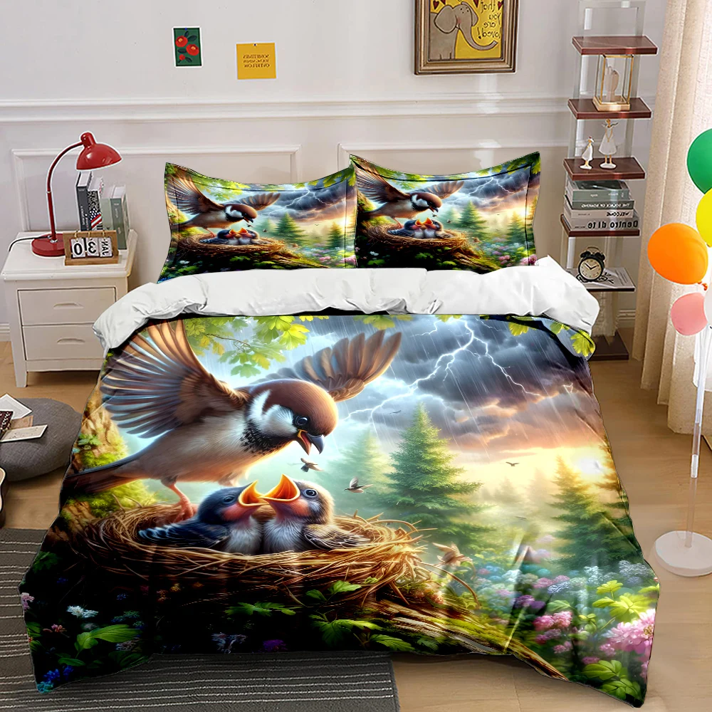 Bird feeding chicks tenderly Print Soft Comfortable Duvet Cover Bedding Set Included 1*Duvet Cover  2*Pillowcases Luxury gifts