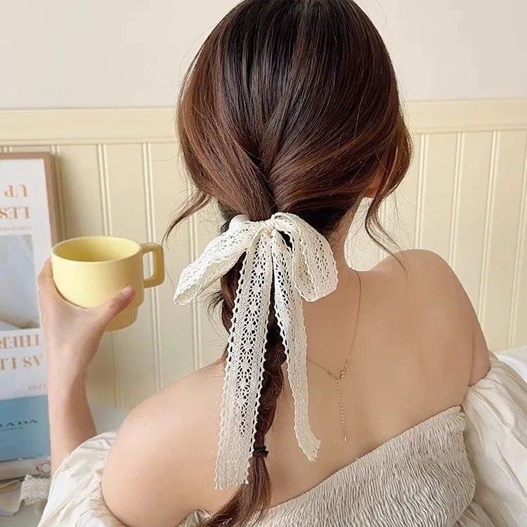 INS Y2K Pita Rambut Busur Renda Krem Anak Perempuan Ikat Rambut Mutiara Besar Ikat Rambut Ekor Kuda Sutra Perak Emas Berkilau Aksesori Rambut