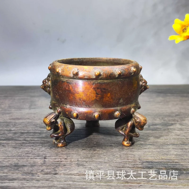 Gilt Chilong double-eared incense burner, home decoration craft, alloy incense burner, small ornament, Xuan De incense burner