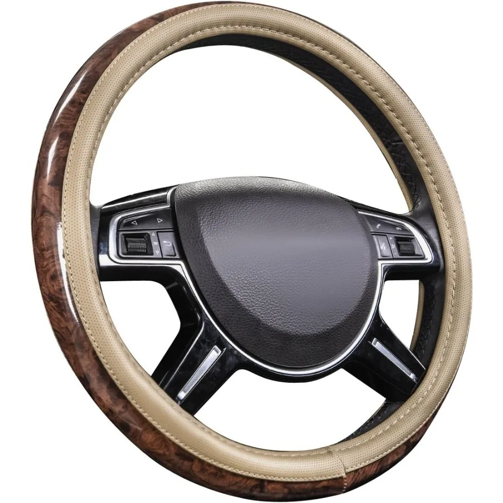 

Wood Grain Microfiber Leather Steering Wheel Cover, Universal Fit for 14 1/2-15 inch Beige Steering Wheel, Anti-Slip Veins Desig