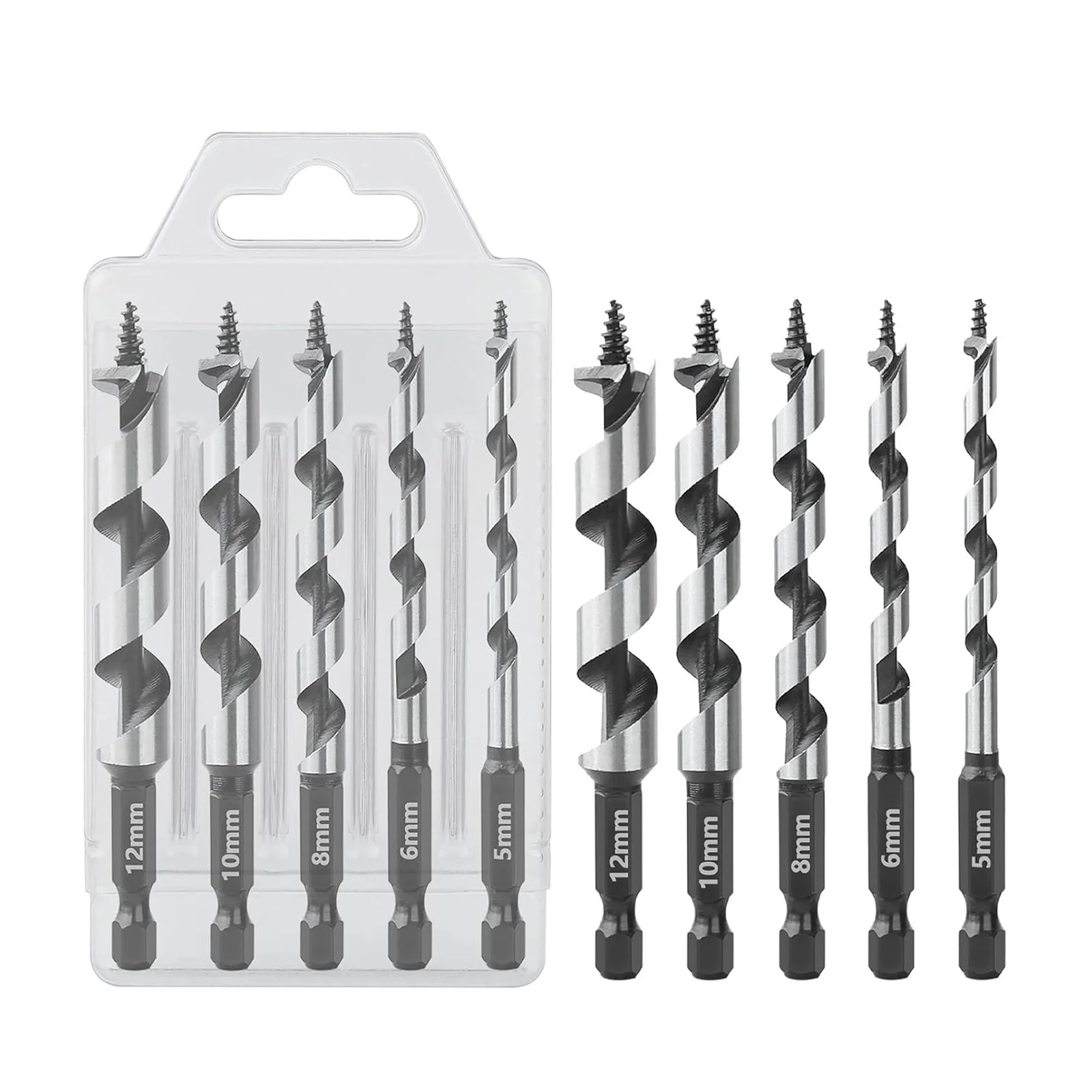 5Pcs/Set Wood Auger Drill Bit 5-12mm 1/4-inch Hex Quick Change Shank Power Tools Accessories Set For Soft Hard Wood Plastic