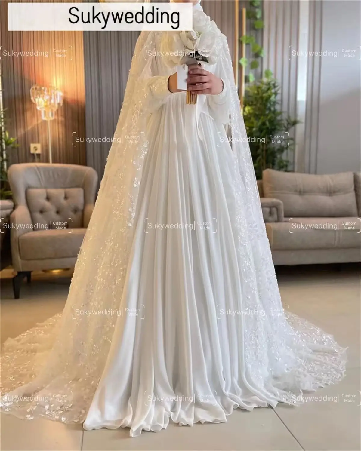 Nuevos vestidos De novia musulmanes con apliques De capa De encaje De manga larga cuentas De gasa vestidos De novia De cuello alto bata De boda personalizada