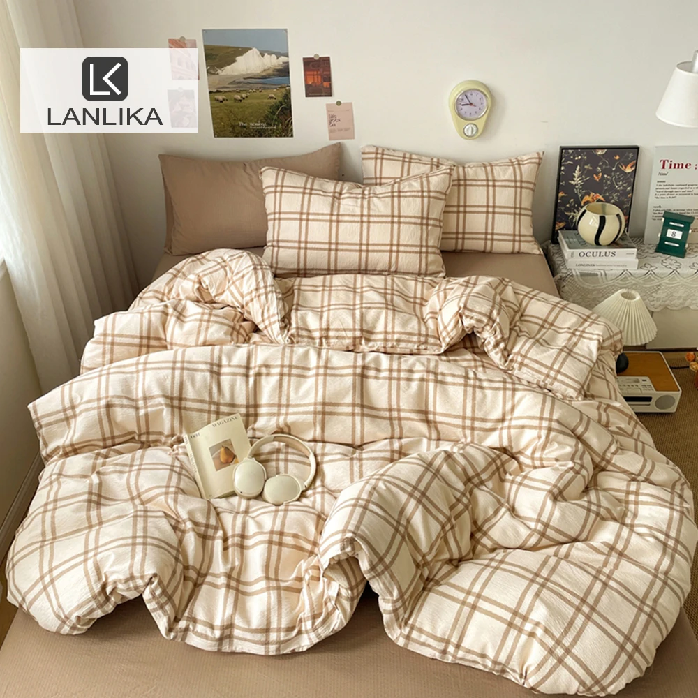 

Комплект постельного белья Lanlika в клетку, 100% хлопок, двойная марля, пододеяльник, класс А, безопасный для младенцев, дышащий, размеры Queen, King, Twin, Full
