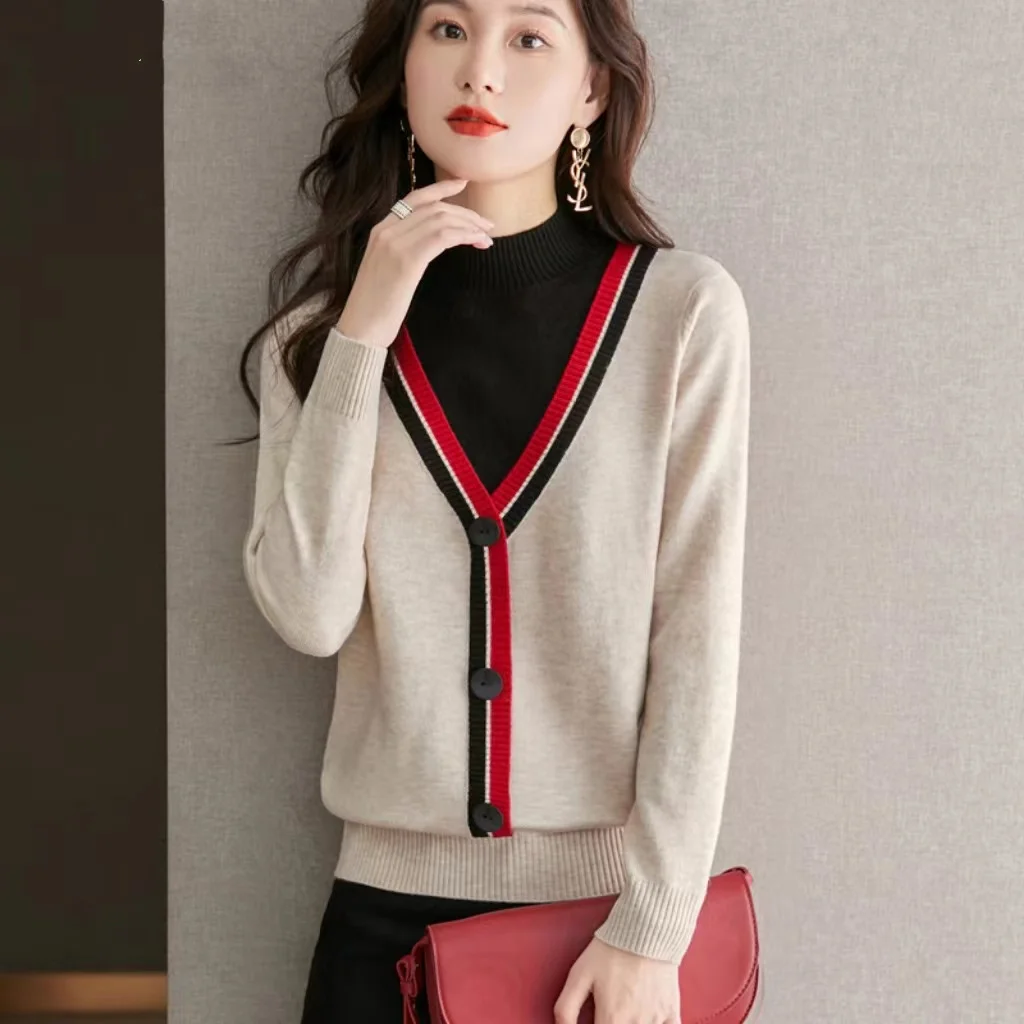 Fake Two Pieces Knitted Sweater Women Patchwork Half High Neck Soft Thicken Warm Pullover