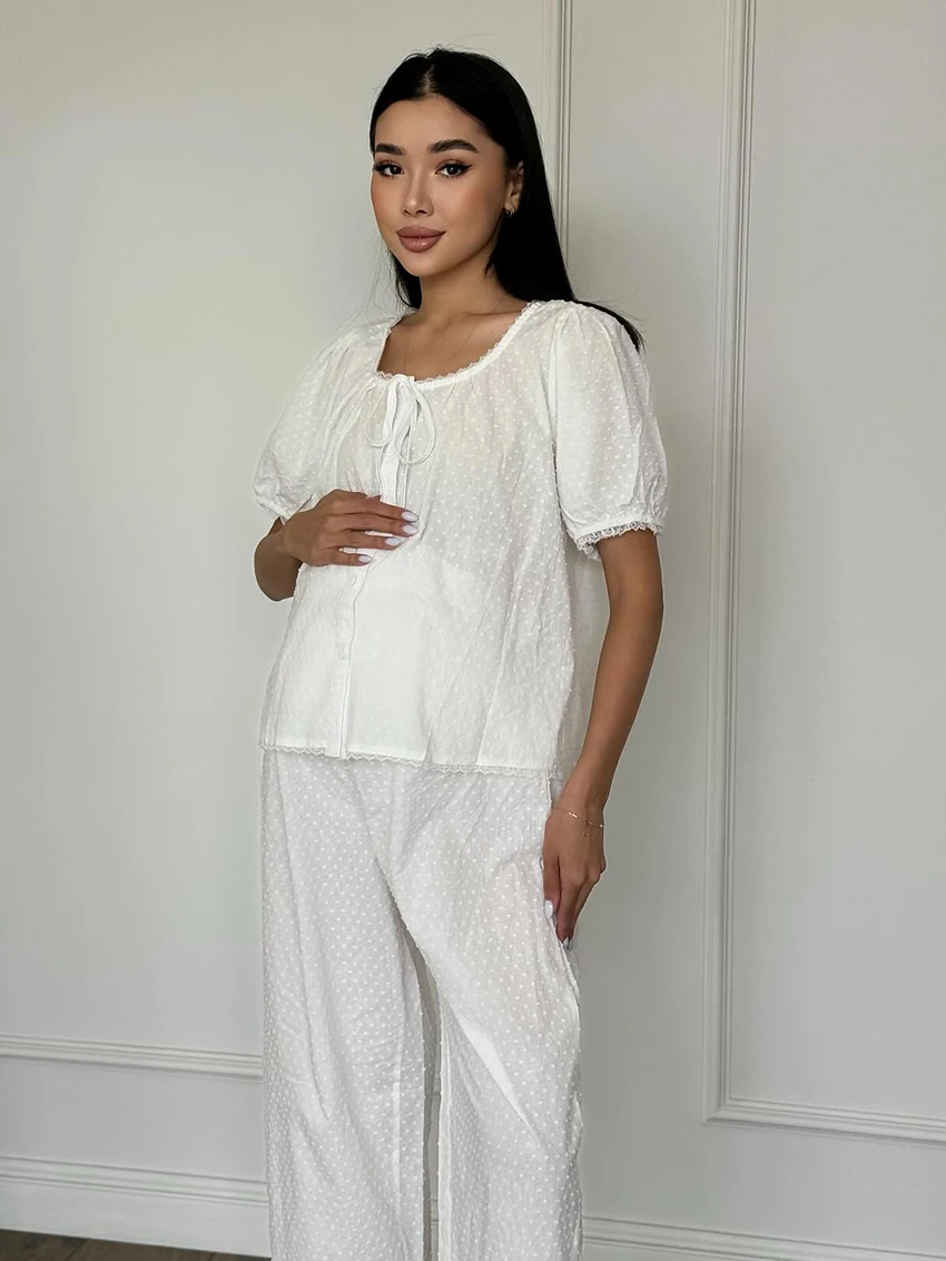 Marthaqiqi Cotton Women Nightwear Suit Lace Up Pajamas O-Neck Sleepwear Short Sleeve Nightie Pants Casual Ladies Nightgowns Set