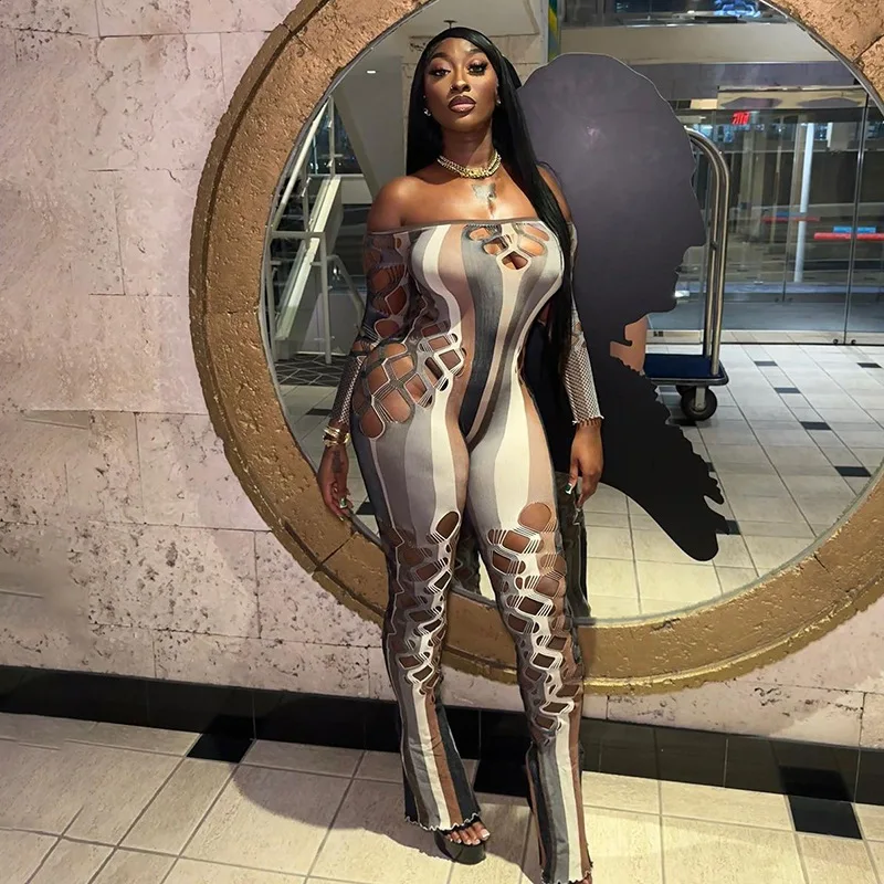 Mesh Stripe Women Jumpsuits Hipster Sexy Thin See Through Off Shoulder Hollow Sheath Overalls Female Attractive One Piece