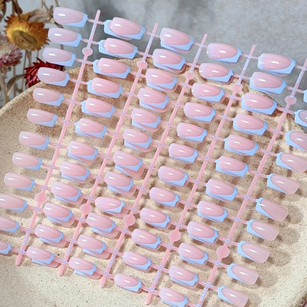 120Pcs/Bag Glossy Blue French Tip Fake Nails 12Sizes Medium Square Press On Nail 12-Colors Choice Full Cover False Fingertips TD