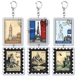 Hot Travel Cites Souvenir Post Stamps Keychains for Accessories Bag Paris Eiffel Tower London New York Keyrings Jewelry Gifts