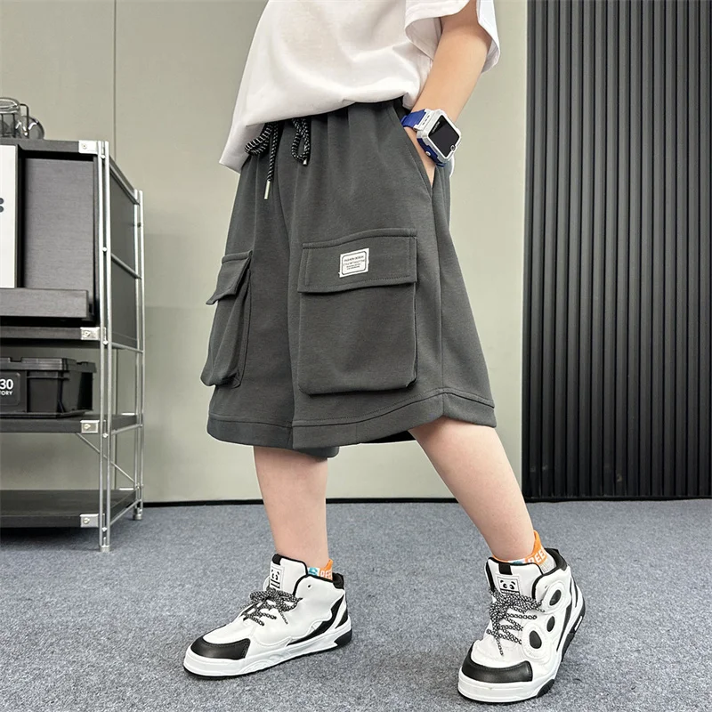 New Casual Kids Child Summer Cotton Shorts with Drawstring for Teenage Boy Solid Color Knee Length Cargo Shorts with Pocket 5-14
