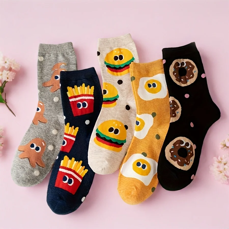 5-Pairs Soft Polyester Cartoon Food Print Socks for Boys & Girls - Assorted Playful Designs Mid-Calf, All-Season Comfort