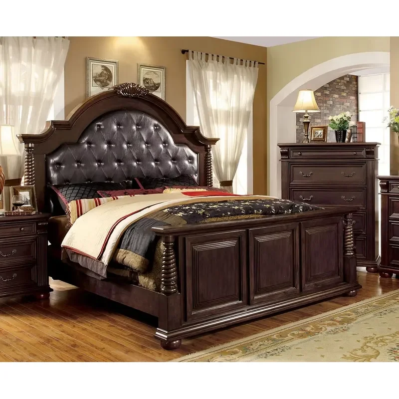 American Classic European Solid Wood Bedroom Furniture Set with Leather Cover Customized Sizes & Colors