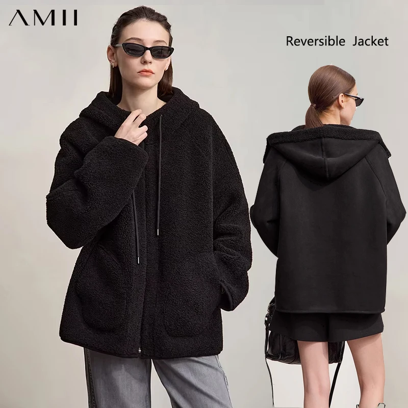 

Женская шуба AMII, новинка зимы 2025 года, универсальная теплая куртка с длинными рукавами, однотонная повседневная свободная двусторонняя куртка на молнии с капюшоном 12524097