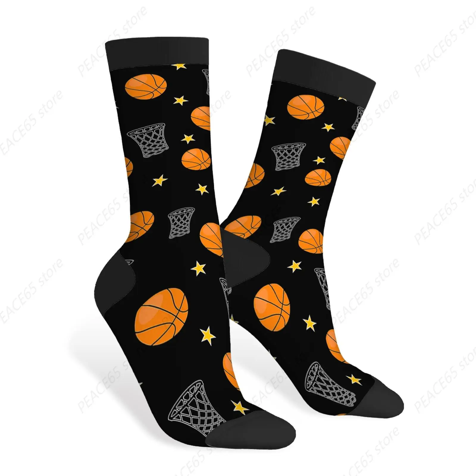 Basketball Funny Socks Gold Star and Ball Basket Pattern Game Sport Novelty Casual Crew Socks Contrast Color