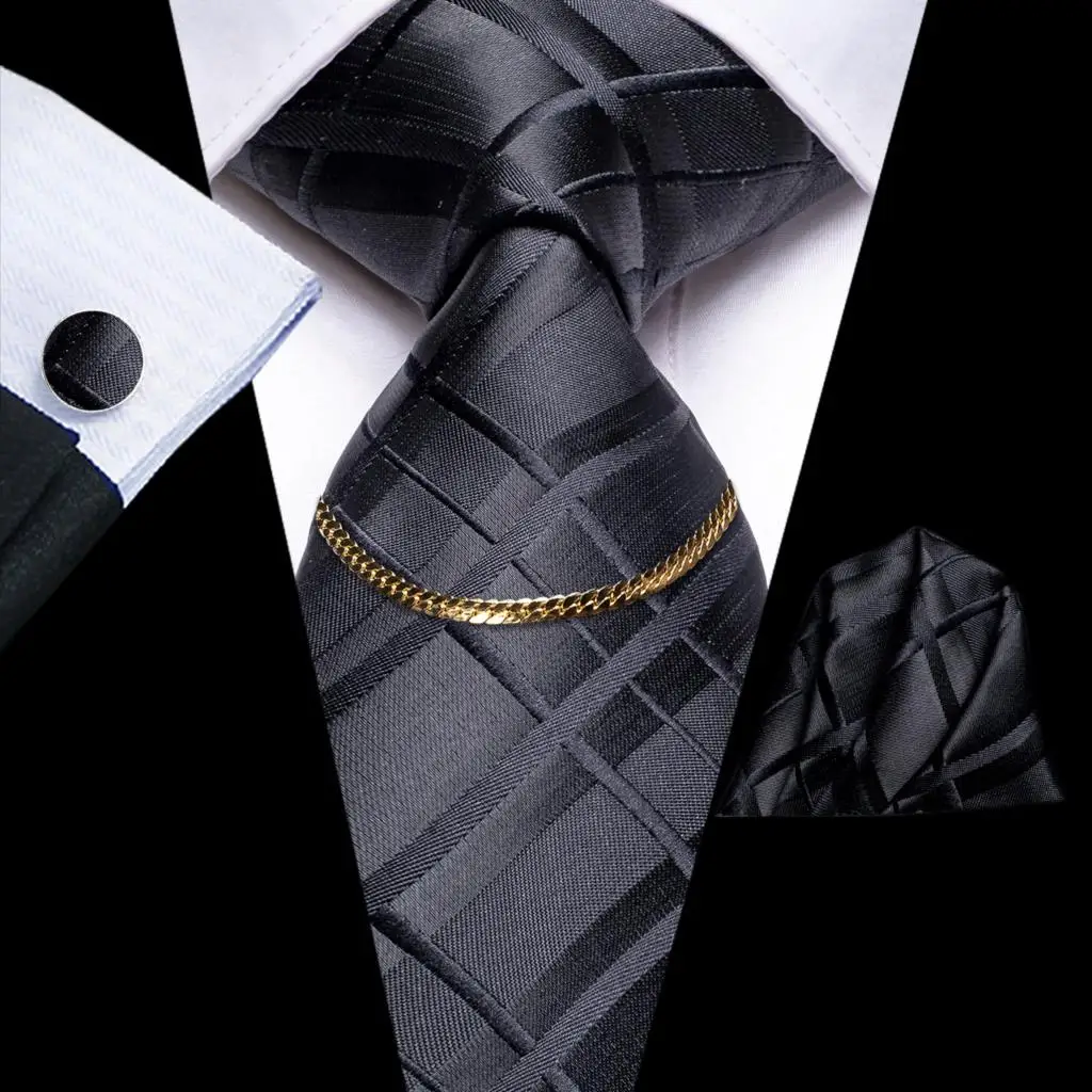 

Classic Plaid Black Solid Luxury Silk Mens Tie Gift For Men Necktie Fashion Tie Chain Hanky Cufflink Set Wedding Hi-Tie Designer