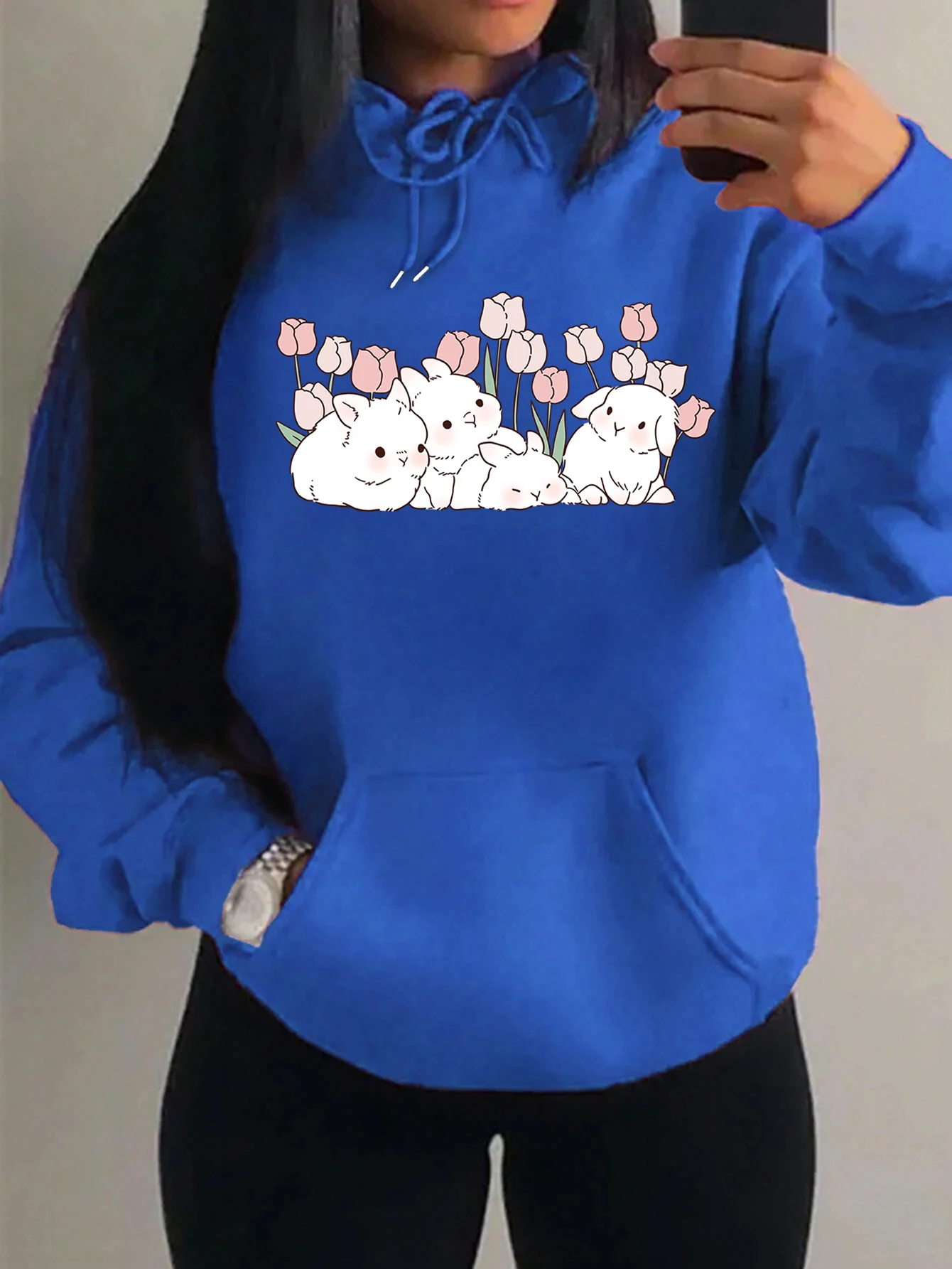 Cute Rabbit Under Tulips Prints Hoody Women Oversized Comics Streetwear Harajuku Warm Sportswear Casual Fleece Unisex Hoody