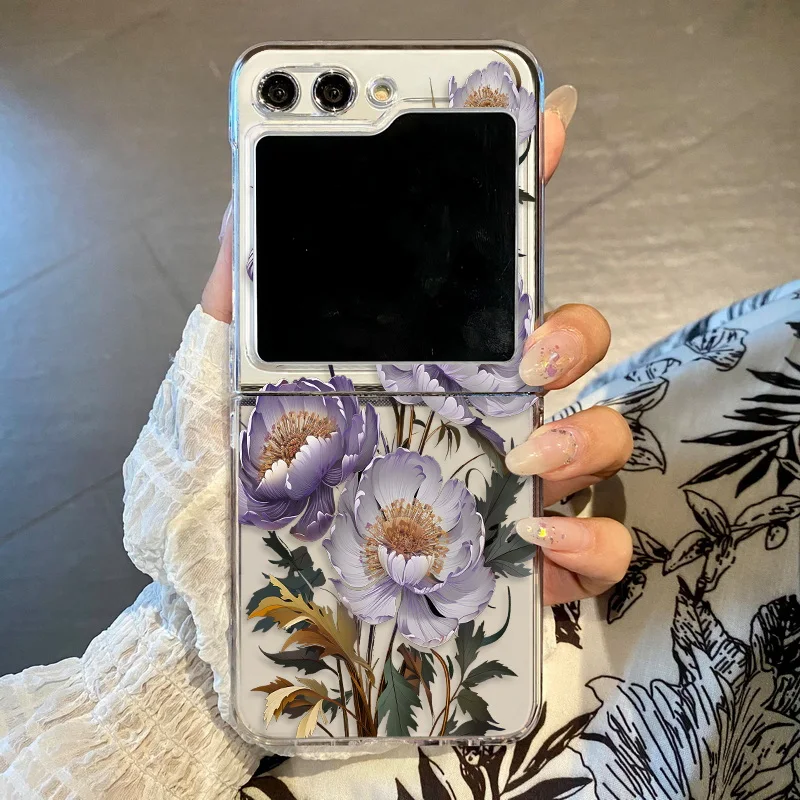 Purple Flowers Phone Case For Samsung Galaxy Z Flip7 FE Flip5 Flip6 Transparent PC Folding Cover For Samsung Z Flip 3 4 5 6 7 5G