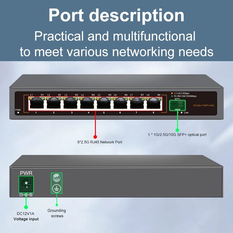 JT-COM 4 RJ45-poorten 2,5 Gb Ethernet-switch 2,5 GBASE-T netwerkswitch 10 Gigabit Uplink Plug en Play Hub Internetsplitter Fanless