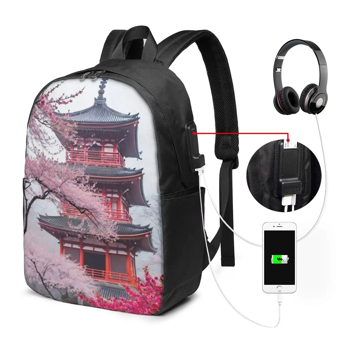 Asian Architecture With Cherry Blossoms Backpack Travel Notebook Bag Computer College Student School Bag Laptop Shoulder Bags