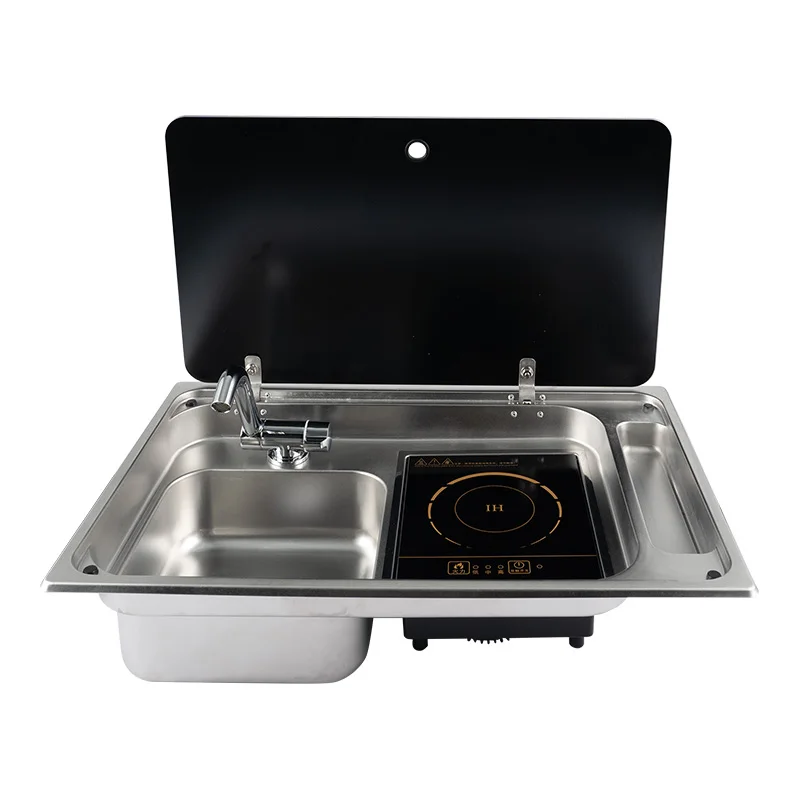 RV Stainless Steel Stove Sink And Induction Cooker Combination Unit With Tempered Glass Lid For RV Caravan Motorhome Yacht