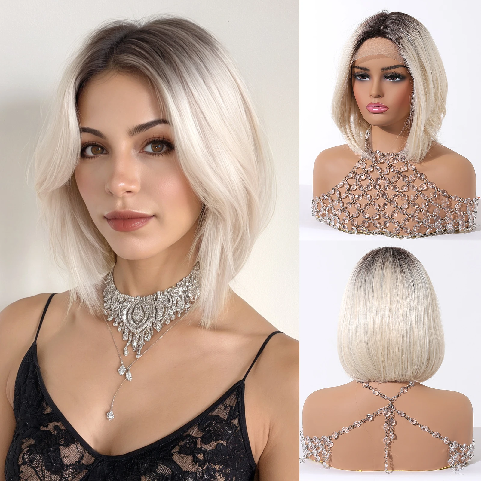 Short Straight Bob Hair Synthetic Lace Wigs for Women Brown Blonde Ombre Straight Wigs Daily Lolita Heat Resistant Natural Wigs