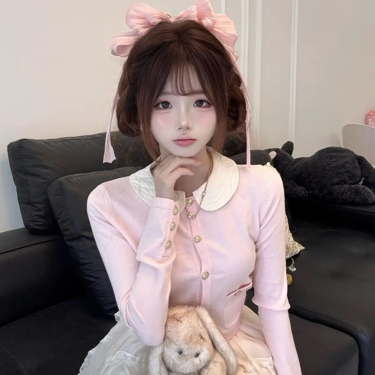

Japan Sweet And Pure Pink Detachable Doll Collar Knitted Cardigan Jacket Early Autumn Top 2026 New