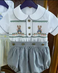 0-6Y Baby Boy Summer Rabbit Handmade Embroidery Smocked Black Stripe Outfit Suit for Birthday Causal A109