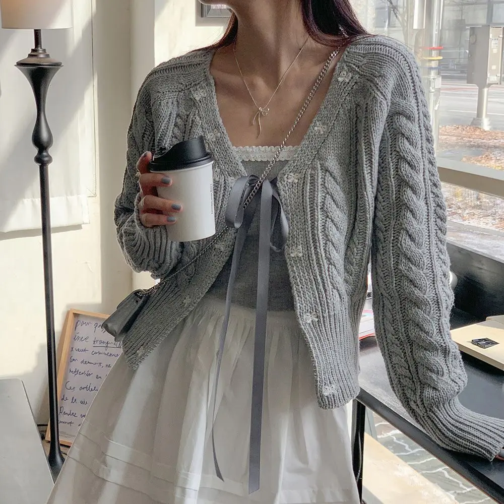 Grey Bow Tie Up Sweater Lady Autumn Winter Sweet Gentle Wind Small Knit Top Sueter Mujer Invierno 2024 Summer Cardigan