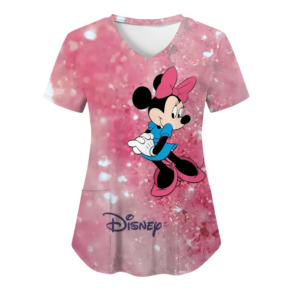 Woman Clothes Nurse Uniform T Shirt Hospital Tops Disney T-shirts Minnie Mouse T-shirt V Neck Top Women 2025 Mickey Pocket Tees