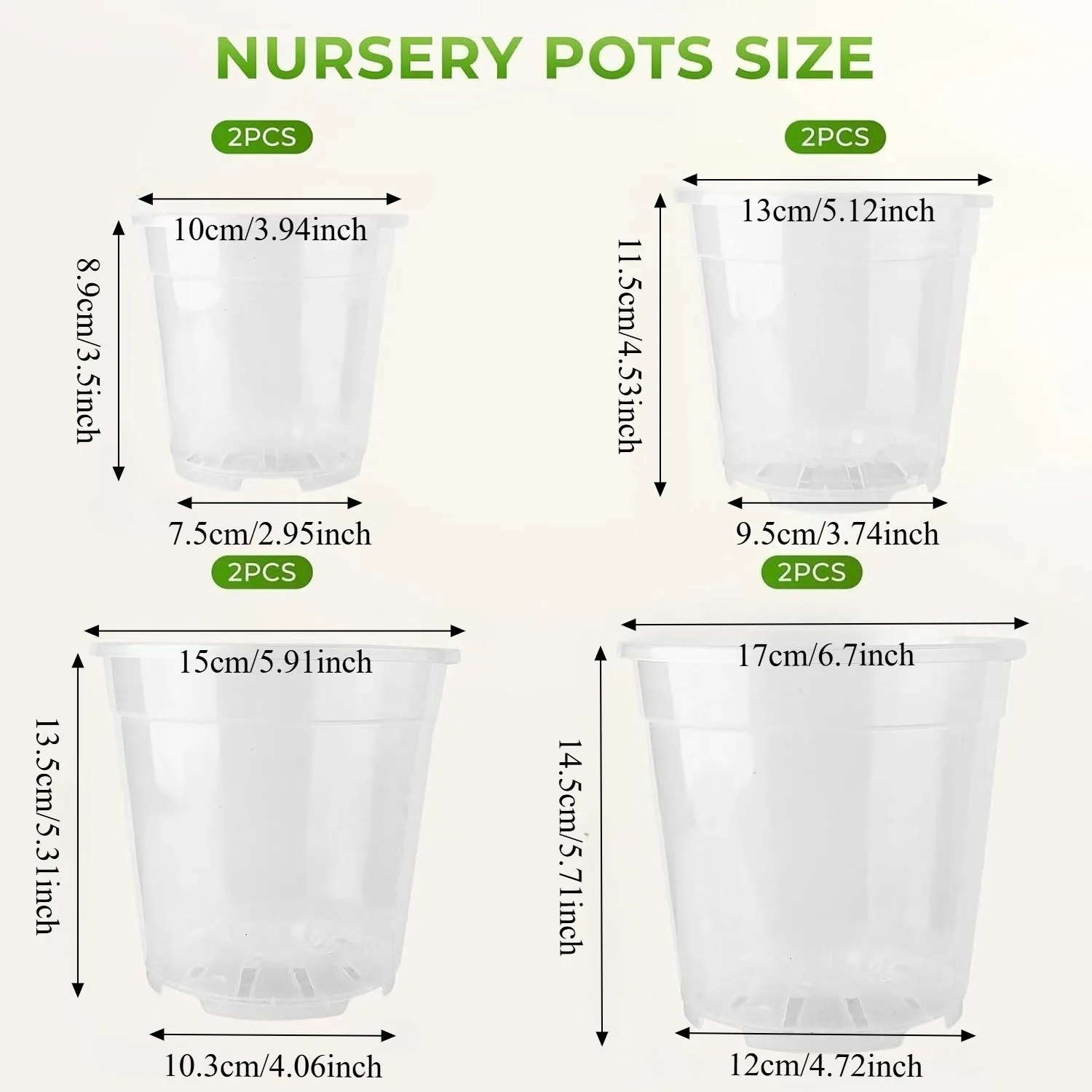 8Packs Reinforced Clear Nursery Pots with Drainage Hole Transparent Variety Pack Plastic Plant Pot Seedling Garden Tools
