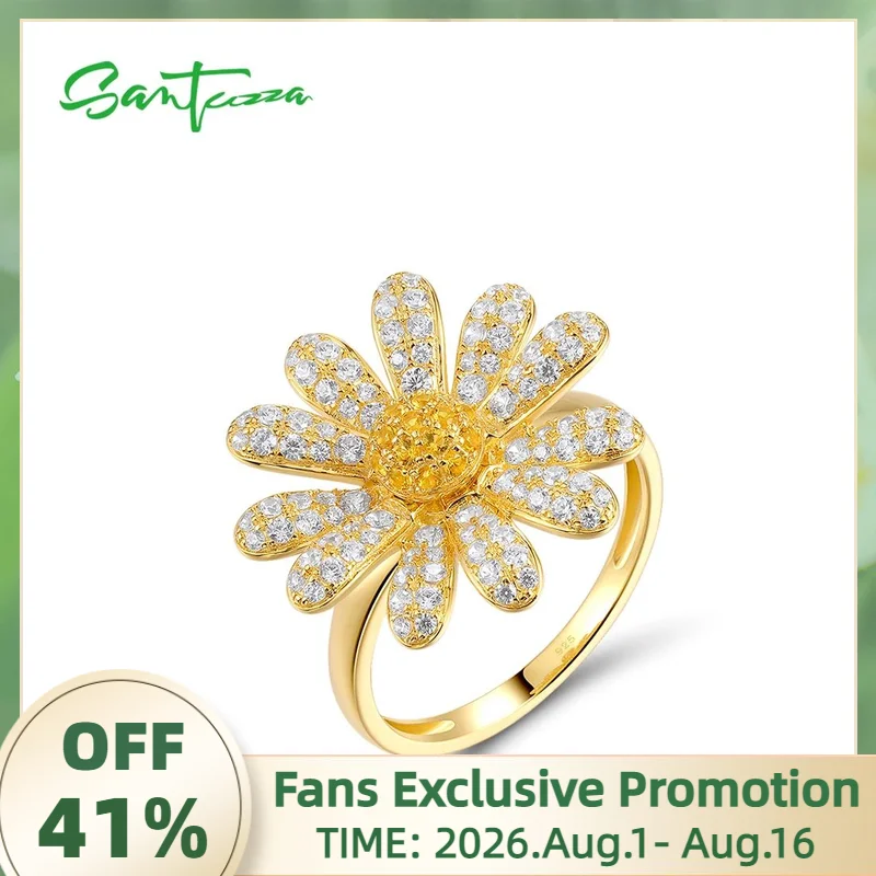 SANTUZZA Genuine 925 Sterling Silver Rings For Women Sparkling White CZ Flower Luxury Party Chic Gift Elegant Fine Jewelry
