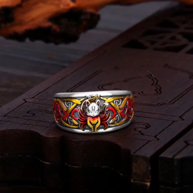 Ethnic Style Color Enamel Nine Tailed Fox Ring For Men Jewelry Lucky Cute Animal Ring Male Index Finger Accessories