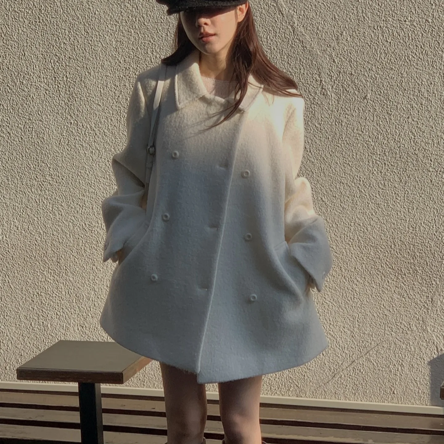 

Ladies' Chic Loose Fit Woolen Coat White Ele Sle Autumn Winter New Arrival Korean Faion Small Stature Good Taste