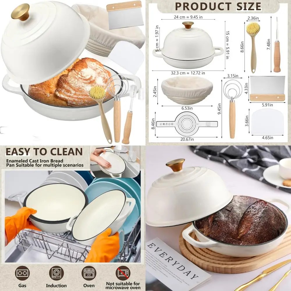 

Чугунная эмалированная кастрюля-духовка на 5 кварт с крышкой и корзиной для расстойки теста для выпечки хлеба и запекания