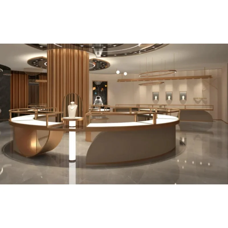 custom.Jewelry Display Showcase Cabinet Electroplated Stainless Tempered Glass LED Lighting Strip Custom Luxury Museum Exhibitio