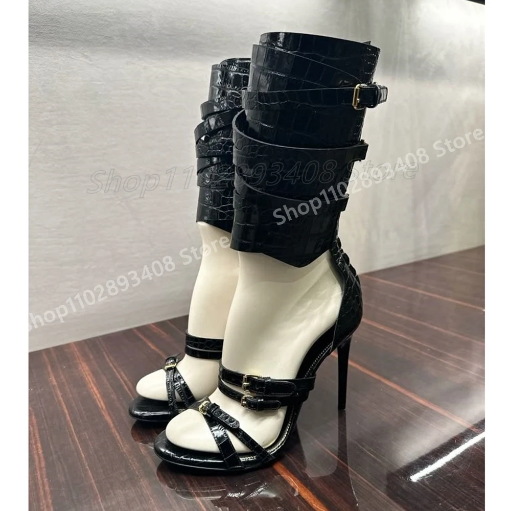 

Black Stone Pattern Belts Strap Sandals Runway Style Stiletto High Heel Fashion Sexy Women Shoes 2025 Summer Party Para Mujere