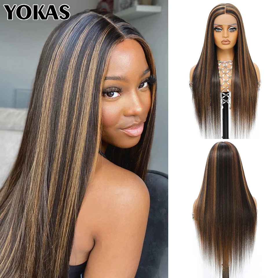 

Парики фронта шнурка 30-дюймовые синтетические прямые парики с Т-образной частью шнурка для афро-женщин из высокотемпературного волокна розовый блондин HD кружевной женский парик