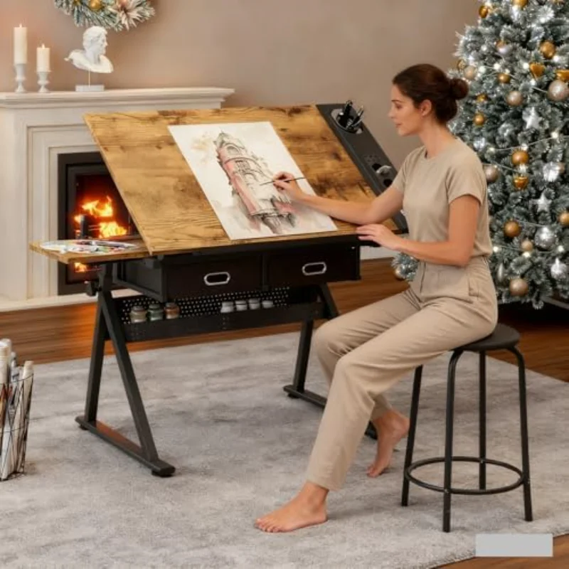 Drafting Table with Stool, Height Adjustable Drawing , Art  Painting , Art Craft Desk with 0-75° Tilting