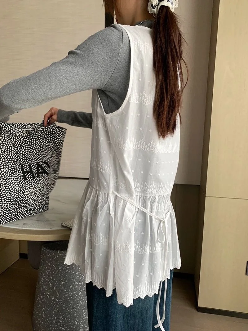 Dunne pure geborduurde witte katoenen tankjurk dames zomer korte mouwloze cover-up jurk Koreaanse schattige gelaagde kleding