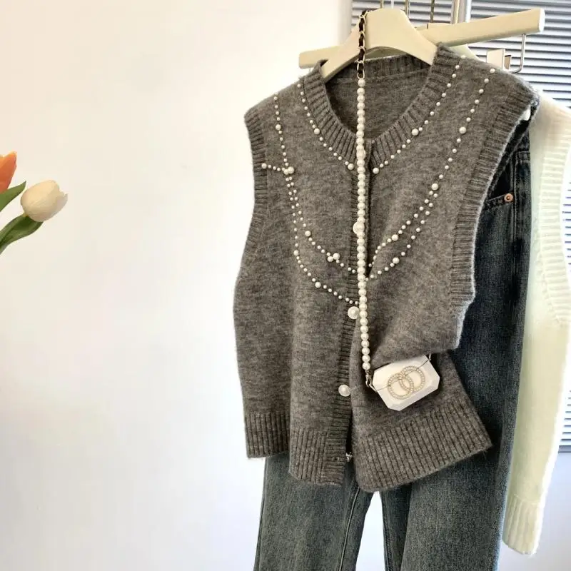 Spring Faion Los casual vest Zwaar verfraaid Vroege lente Zachte wind oulder Gebreid open vest Veelzijdige sle