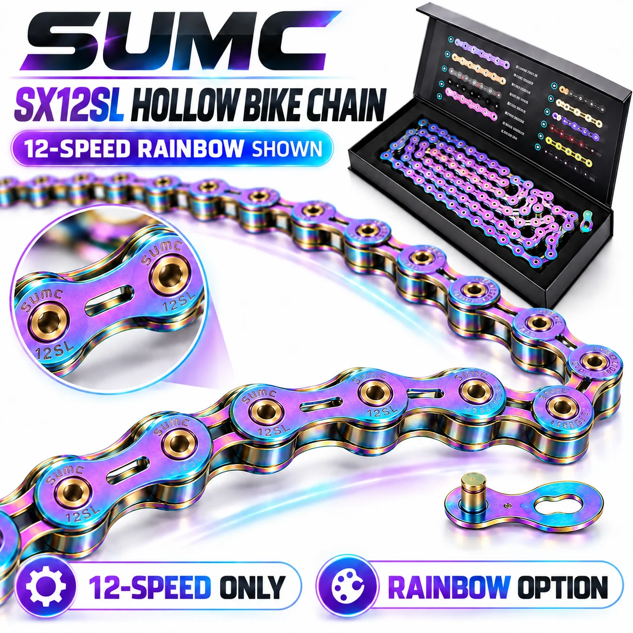 SUMC Bicycle Chain X8 X9 X10 X11 X12 6 7 8 9 10 11 12 Speed for MTB Road Bike Gold Rainbow Hollow Chain Options
