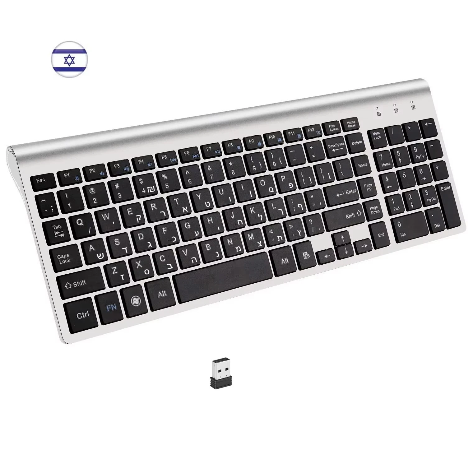 Hebrew Israel 101 Keys Wireless Keyboard 2.4G Slim Compact Low Noise Wireless Keyboard for Laptop Windows PC Desktop Smart TV