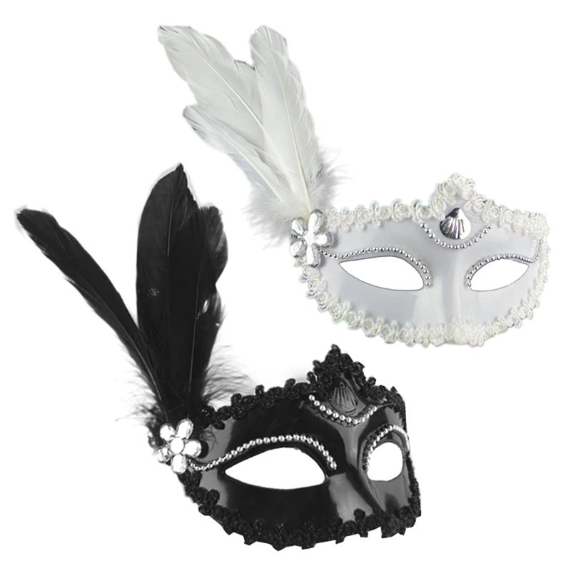 Feather Pearl Mask Halloween Party Masquerade White Black Eye Masks Women Night Club Shows Dance Role Playing Prop Decorations