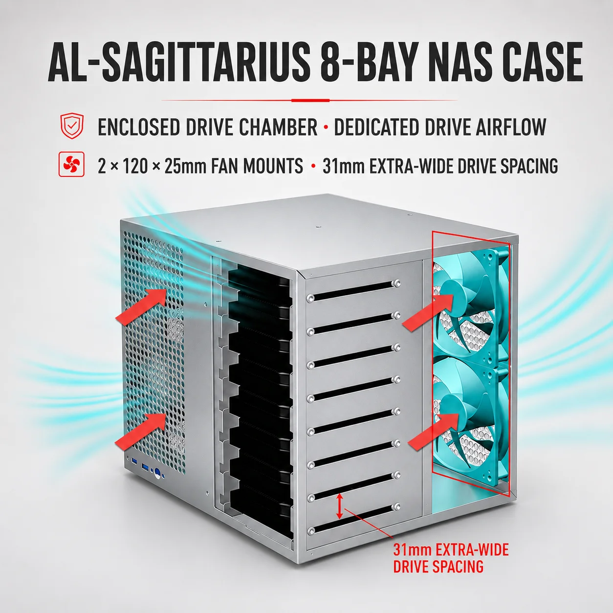 Sagittarius Aluminum Panel 8 Bay NAS Case Home Server Chassis