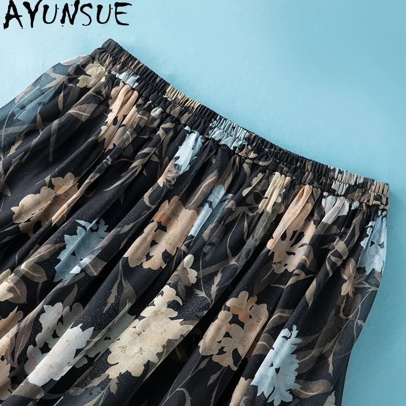 AYUNSUE 100% Silk Women's Skirts French RomanticSkirts for Women Vacation Style Printed Skirt Woman Clothes Summer Юбка Женская