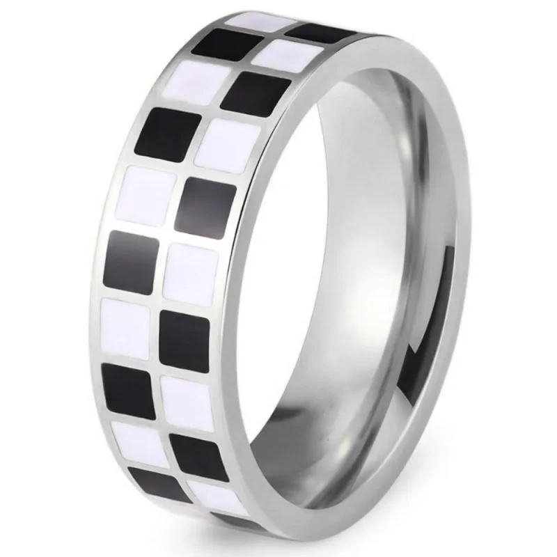 Huitan White/Black Checkered Enamel Stainless Steel Ring Grid Design Fashion Party Daily Elegant Statement Accessories Jewelry