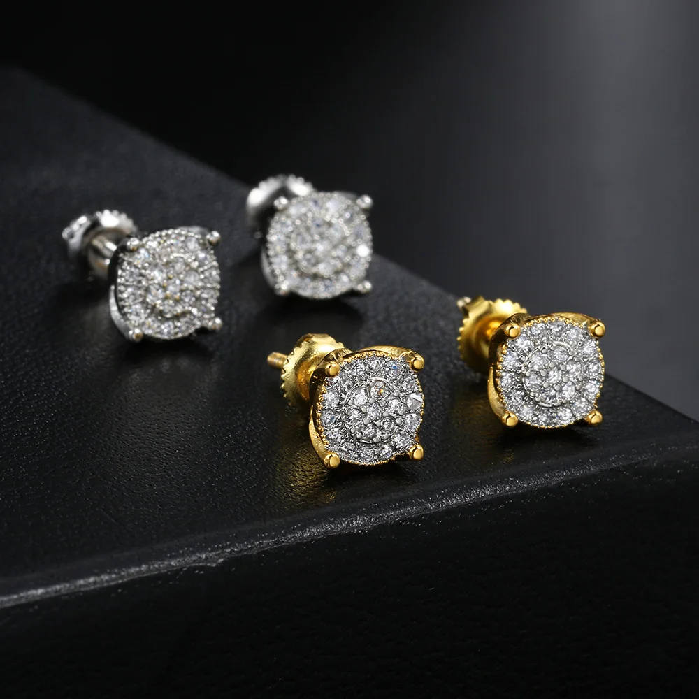 Hip Hop Men\'s Earrings Iced Out Zircon Gold Color Punk Simple 4 Claws Round Screw Ear Studs Rock Jewelry Gifts OHE181